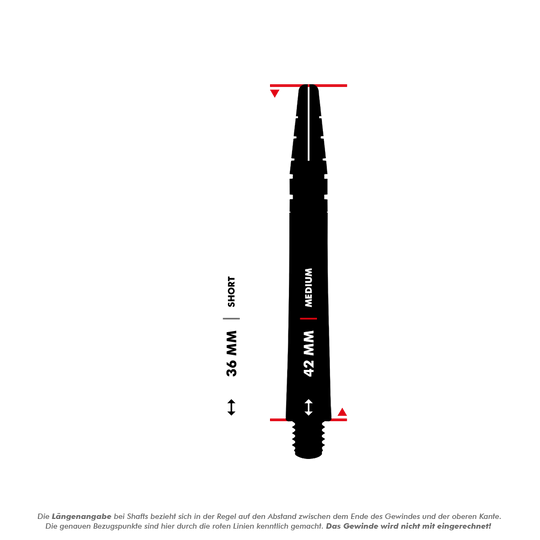 Auf dem Bild sind zwei verschiedene Längen der Red Dragon Nitrotech Gerwyn Price White Shafts zu sehen. Die kurzen Shafts sind 36 mm lang und die mittleren Shafts sind 42 mm lang.