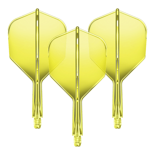 Ein Flight-Shaft-System GOAT A1R No6 in Neon-Gelb mit 19mm Länge ist zu sehen. Das Set besteht aus Komponenten für Dartpfeile.