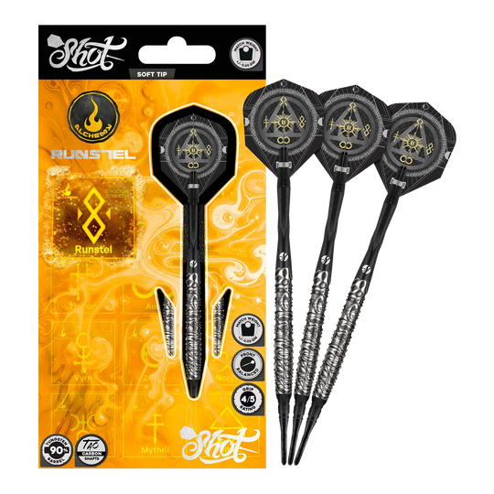 Shotki Runstel Soft Darts firmy Shot Alchemy - 20 g Das Bild zeigt die Shot Alchemy Runstel Softdarts mit 20 Gramm Gewicht. Die Darts sind vollständig und detailliert abgebildet.