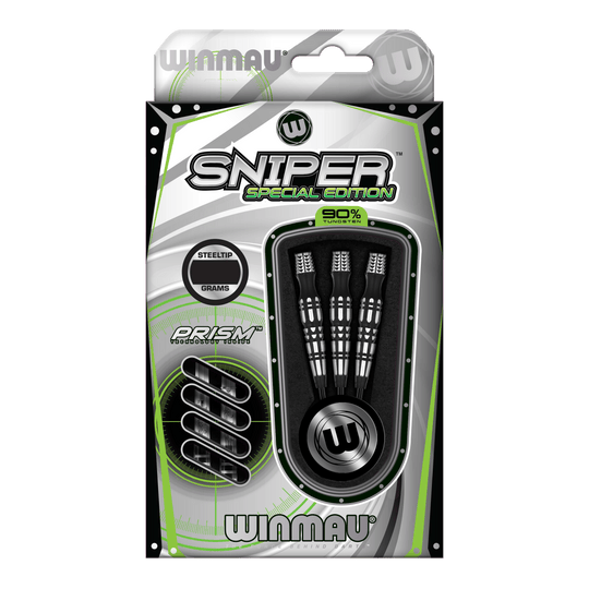 Die Abbildung zeigt die Verpackung der "Winmau Sniper Special Edition V2 Steeldarts". In der Packung sind drei Steeldarts mit Prism-Technologie und einem Tungsten-Anteil von 90 % enthalten.