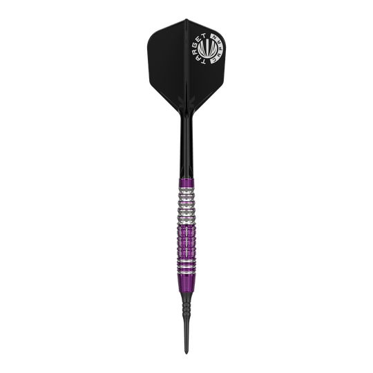 Das Bild zeigt einen Softdart aus der Serie 'Target Japan Prime Series Tung Suk Zenith GEN1' mit einem Gewicht von 19g. Der Dart hat eine schwarz-violette Optik mit silbernen Akzenten am Griff.