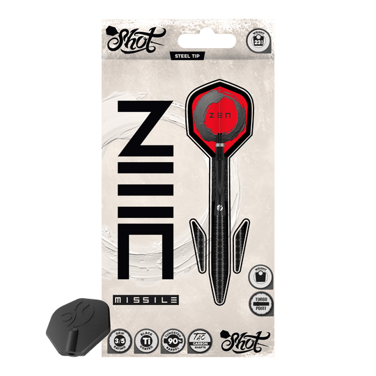 Shot ZEN Missile Turbo Point Steeldarts - 23g Das Bild präsentiert die Shot ZEN Missile Turbo Point Steeldarts - 23g. Diese sind besonders präzise und griffig gestaltet.