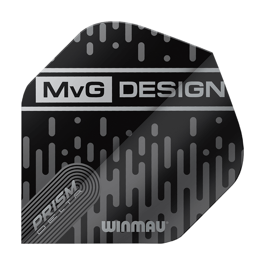 Das Bild zeigt ein schwarzes Dart-Flight mit silbernen Mustern und der Aufschrift "MvG DESIGN". Unten auf dem Flight stehen die Wörter "PRISM DELTA" und "WINMAU".
