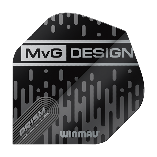 6915-214_Winmau_Prism_Delta_MvG_6915-214_Standard_Flights_1TL8y0Xq5nTsU1 Das Bild zeigt ein schwarzes Dart-Flight mit silbernen Mustern und der Aufschrift "MvG DESIGN". Unten auf dem Flight stehen die Wörter "PRISM DELTA" und "WINMAU".