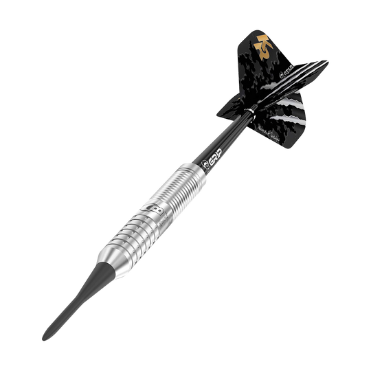 Das Bild zeigt einen silbernen Softdart mit schwarzer Spitze und schwarzem Schaft. Das Dartflight ist schwarz mit goldenen und weißen Akzenten.