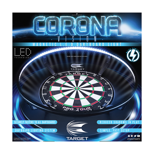 System oświetlenia tarczy LED Target CORONA Vision Das Bild zeigt das Produkt „Target CORONA Vision LED Dartboard Lighting System“, das einen Dartboard-Beleuchtungsring darstellt. Es hebt die LED-Technologie und eine gleichmäßige Ausleuchtung für weniger Schatten beim Dartspielen hervor.