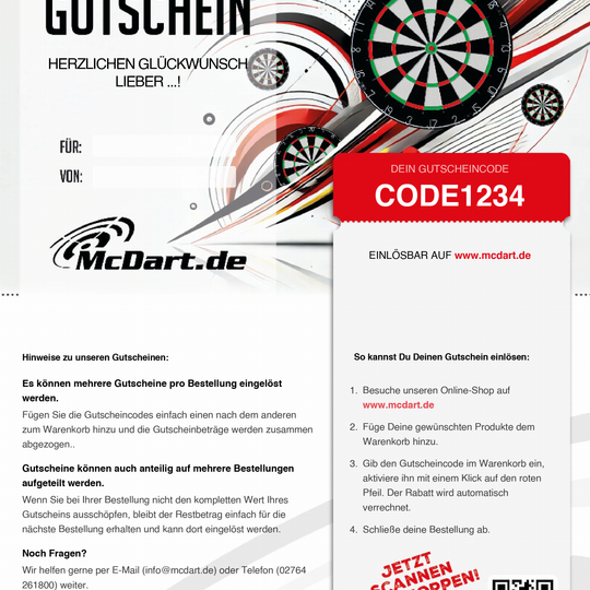 Das Bild zeigt einen Gutschein für Dartboards von McDart.de mit einem individuellen Gutscheincode. Im Design sind mehrere Dartboards sowie Hinweise zur Einlösung des Gutscheins abgebildet.