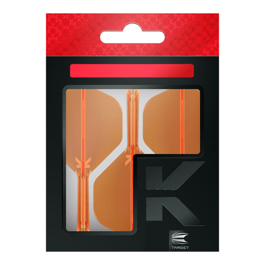 System lotu Target K-Flex No2 Standard – neonowopomarańczowy Die Abbildung zeigt eine Packung mit orangenen Dart-Flights der Marke Target. Die Verpackung ist überwiegend schwarz mit einem roten oberen Abschnitt.