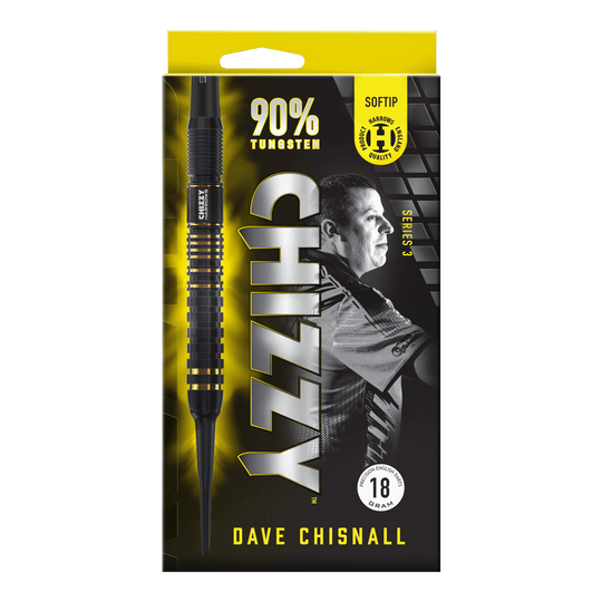 Miękkie lotki Harrow's Dave Chisnall Chizzy Series 3 Das Bild zeigt die Verpackung der "Harrows Dave Chisnall Chizzy Series 3 Softdarts". Auf der Verpackung stehen Informationen wie "90% Tungsten", "Softtip" und das Gewicht von 18 Gramm.