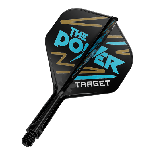 System wału lotniczego Target K-Flex Phil Taylor No2 Standard Das Bild zeigt einen schwarzen Dartflight mit der Aufschrift "THE POWER" in blauer Farbe. Darunter steht das Wort "TARGET" in weißer Schrift.