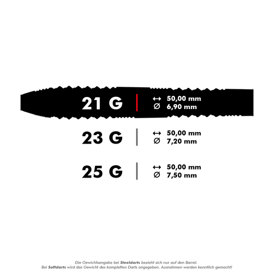 Lotki stalowe Target 975 Ultra Marine 02 Swiss Point Das Bild zeigt die Gewichts- und Maßangaben für Steeldarts in 21g, 23g und 25g. Für alle drei Gewichte beträgt die Länge 50,00 mm, der Durchmesser variiert von 6,90 mm bis 7,50 mm.