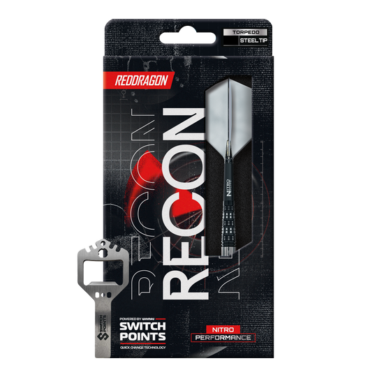 Strzałki stalowe Red Dragon Recon Torpedo Auf dem Bild sind die Red Dragon Recon Torpedo Steeldarts - 23g zu erkennen. Die Steeldarts liegen parallel zueinander.