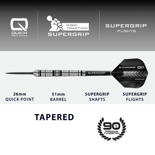 Lotki stalowe Harrows Supergrip Tapered Quick Point Abgebildet sind die Harrows Supergrip QP Tapered Quick Point Steeldarts. Sie eignen sich ideal für ein präzises Dartspiel.