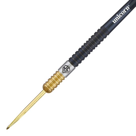 Unicorn Ross Smith Dwukolorowe stalowe lotki Das Bild zeigt einen Steeldart aus der Unicorn Ross Smith Two-Tone Serie. Der Dart ist zweifarbig mit einem goldenen vorderen Teil und einem schwarzen hinteren Teil gestaltet.