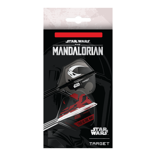 Zestaw Target Star Wars K-Flex Mandalorian No6 Flights Das Bild zeigt das Target Star Wars K-Flex-Set Mandalorian No6 Flights. Das Produkt ist ein Dart-Set mit Mandalorian-Design aus der Star Wars Reihe.
