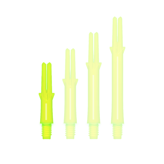 Wałki L-Style z blokadą prostą - neonowożółte Auf dem Bild sind vier neon-gelbe Dart-Schäfte in verschiedenen Längen zu sehen. Sie haben ein gerades Design und ein Schraubgewinde am unteren Ende.