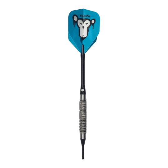 Lotki McDart 85 Tungsten V10 Soft Darts - 17,5 g Der McDart 85er Tungsten V10 Softdart wiegt 17,5 Gramm und hat einen schwarzen, geriffelten Griff. Die blaue Flight zeigt ein Affengesicht mit künstlerischem Design.