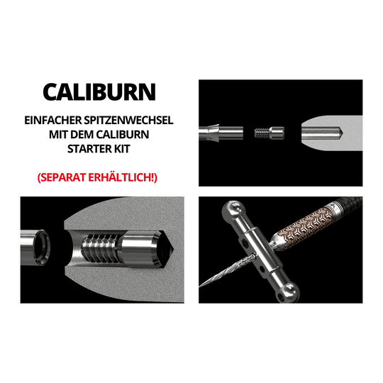 Stalowe groty do lotek Caliburn System - Spiro - NoLip - srebrne Das Bild zeigt eine Montageanleitung für ein spezielles Steeldartspitzen-System. Es illustriert die einzelnen Bauteile und Werkzeuge sowie deren Zusammenbau.