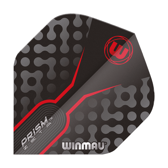 6915-306_Winmau_Prism_Zeta_GreyRed_Standard_Flights_1 Das Bild zeigt das Produkt "Winmau Prism Zeta GreyRed Standard Flights". Das Flight ist in den Farben Grau, Rot und Schwarz mit modernen Mustern gestaltet.