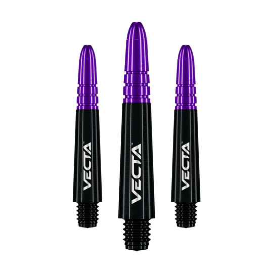 Auf dem Bild sind drei Dartschäfte in Schwarz und Lila zu sehen. Sie tragen die Aufschrift "VECTA" und haben ein modernes Design.