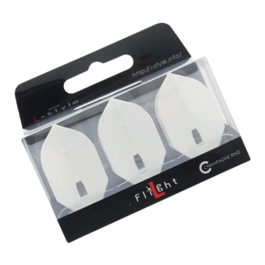 L-L-Style5PRO Rocket Flights Das Bild zeigt eine Packung mit drei weißen L-Style L5PRO Rocket Flights. Die Flights sind ordentlich nebeneinander in einer durchsichtigen Verpackung angeordnet.