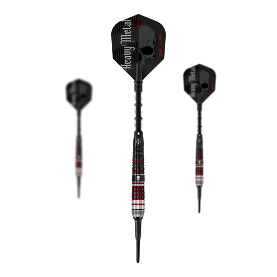 Harrow's Ryan Searle Heavy Metal Series 2 miękkie lotki Das Bild zeigt drei Softdarts der Serie "Harrows Ryan Searle Heavy Metal Series 2". Die Darts haben ein schwarzes Design mit roten und silbernen Akzenten sowie einen Schädel auf dem Schaft.
