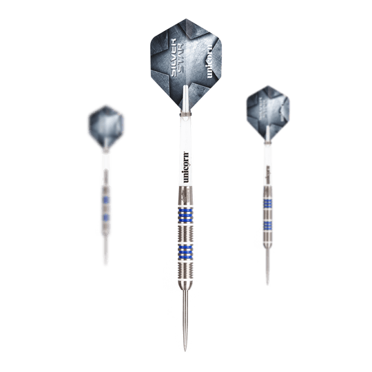 Stalowe lotki Unicorn Silver Star Var.4 Gary Anderson Abgebildet ist ein Set Unicorn Silver Star Var.4 Gary Anderson Steeldarts. Das Set besteht aus mehreren silbernen Darts mit Flights.