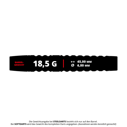 Das Bild zeigt die Produktinformationen der Target Japan Black Marque Lumiere GEN3 Softdarts mit einem Gewicht von 18,5 g. Die Länge beträgt 45,00 mm und der Durchmesser 6,80 mm.