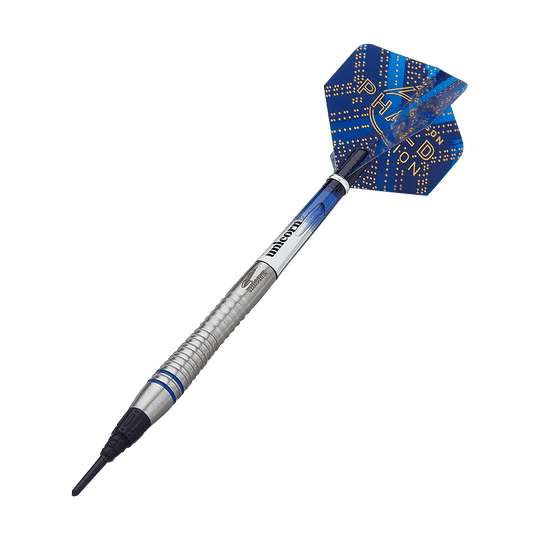 04504_Unicorn_World_Champion_Gary_Anderson_Phase_6_Softdarts_4 Auf dem Bild ist ein Softdartpfeil mit silbernem Schaft und blauer Flight-Spitze zu sehen. Der Flight ist mit gelben Punkten und der Aufschrift "PHASE 6" verziert.