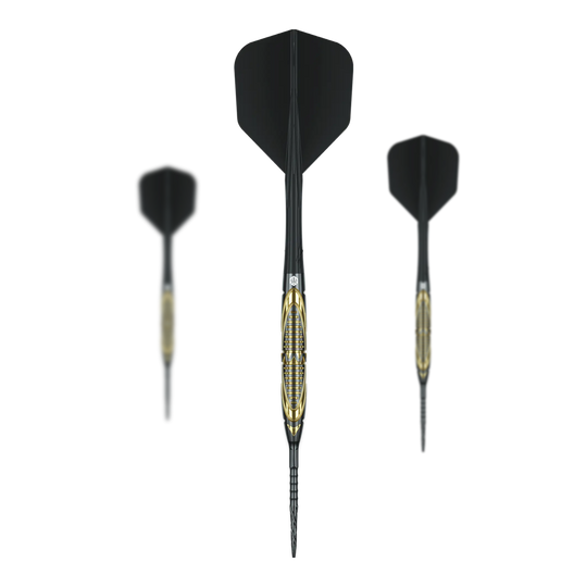 Stalowe lotki Caliburn Halo H2 - 22,5 g Auf dem Foto sind die Caliburn Halo H2 Steeldarts - 22,5g als komplettes Set zu sehen. Die Steeldarts liegen nebeneinander angeordnet.