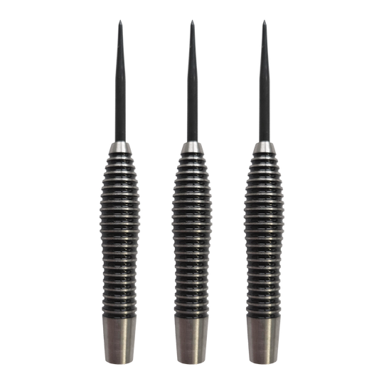 Lufy McDart Black Ring Torpedo Steeldart - 24g Auf dem Bild sind die McDart Black Ring Torpedo Steeldart-Barrels - 24g dargestellt. Es wird ein Set von Dart-Barrels im Torpedo-Design mit schwarzen Ringen gezeigt.