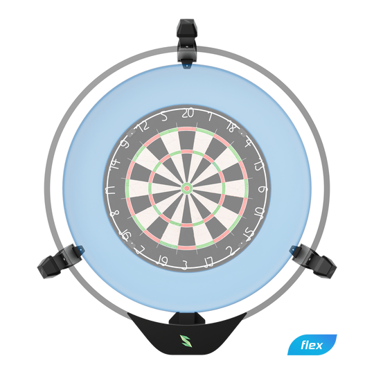 Scolia Home 2 FLEX – Elektroniczny system autoskoringu 2026 Das Bild zeigt das Produkt "Scolia Home 2 FLEX - Electronic Score System". Es handelt sich um ein elektronisches Punktesystem für eine Dartscheibe, das von einem runden Rahmen mit blauer Beleuchtung umgeben ist.