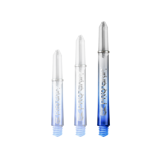 Target Pro Grip Vision Shafts - 3 zestawy - niebieskie Das Bild zeigt drei unterschiedlich lange Dartshafts der Marke "Pro Grip" in Blau. Sie sind unten blau und werden nach oben hin durchsichtig.