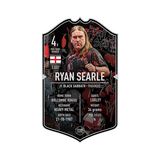 Karta Ultimate Darts – Ryan Searle Das Bild zeigt die „Ultimate Darts Card“ von Ryan Searle. Auf der Karte sind Informationen zu seinem Spitznamen, Geburtsdatum, Herkunft und Erfolgen im Dartsport zu sehen.