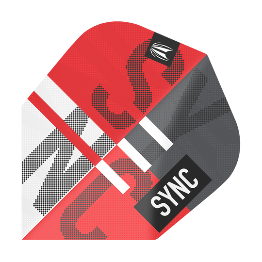 TG98_336480_Target_ProUltra_Sync_No6_Flights_1YFmL6Knb7WwQa Das Bild zeigt das Produkt "Target ProUltra Sync No6 Flights". Das Design ist überwiegend rot, grau und weiß mit dem Wort "SYNC" darauf.