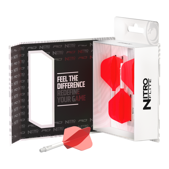 Gezeigt wird das Red Dragon Nitro Flite - White Shaft Red No2 Flights. Dieses Dartzubehör sorgt für optimale Flugeigenschaften beim Werfen.