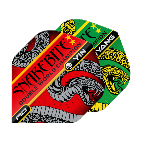 Red Dragon Peter Wright Ukąszenie Węża Czerwony Zielony Yin Yang Standardowe Loty Auf dem Bild sind zwei bunte Dart-Flights mit Schlangenmotiven zu sehen. Die Flights tragen die Aufschrift "Snakebite Double World Champion" und haben die Farben Rot und Grün.