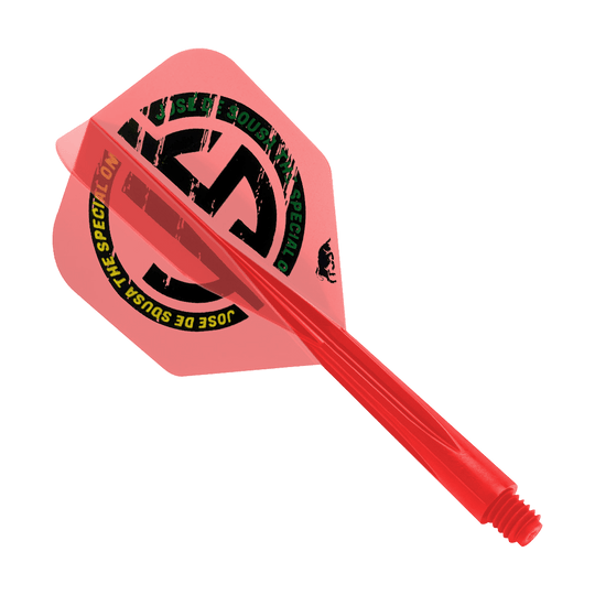 Condor AX Jose De Souza Special One Inspiration Flight System – Czerwony – Mały Das Bild zeigt ein rotes Dartflight-System mit der Aufschrift "Jose De Sousa The Special One". Es handelt sich um das Modell "Condor AXE Jose De Souza Special One Inspiration Flight-System" in der Größe Small.