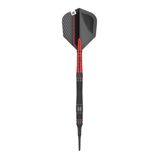 Targetownik 11 miękkich rzutek Das Bild zeigt einen Softdart namens "Target Scope 11 Softdarts". Der Dart ist schwarz und rot mit einem modernen Design und einer strukturierten Oberfläche.