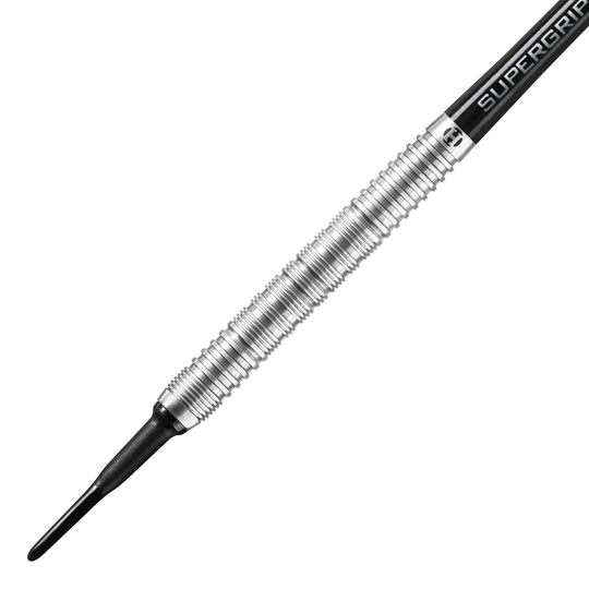 Harrows sterujące równoległe Softdarts Das Bild zeigt einen Harrows Control Parallel Softdart mit einem silbernen, gerillten Barrel. Der Dart hat eine schwarze Kunststoffspitze und einen Schaft mit der Aufschrift "Supergrip".