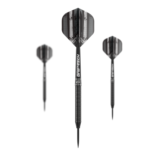 Lotki GOAT Sprocket ze stali wolframowej Das Bild zeigt drei schwarze Steeldarts mit der Aufschrift "GRIPTECH" auf den Schäften. Es handelt sich um das Produkt "GOAT Sprocket Tungsten Steeldarts".