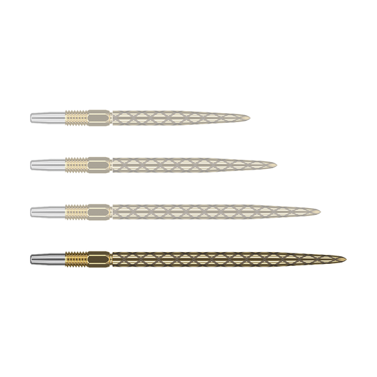Końcówki do lotek Target Swiss Diamond Pro Gold Das Bild zeigt vier goldfarbene Dartspitzen mit einem rautenförmigen Muster. Die Spitzen liegen parallel nebeneinander auf einem grünen Hintergrund.