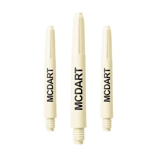 MD-606_Nylon_Shafts_mit_Wunschdruck_Naturweiss_40mm_1 Auf dem Bild sind drei naturweiße Nylon-Dartschäfte mit Gewinde zu sehen. Auf jedem Schaft steht in schwarzer Schrift das Wort "MCDART".