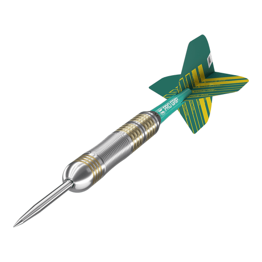 Target Rob Cross Brass Steeldarts - 22g Das Bild zeigt einen Target Rob Cross Brass Steeldart mit einem Gewicht von 22g. Der Dartpfeil hat einen silbernen Schaft mit goldenen Akzenten und grüne Flights.