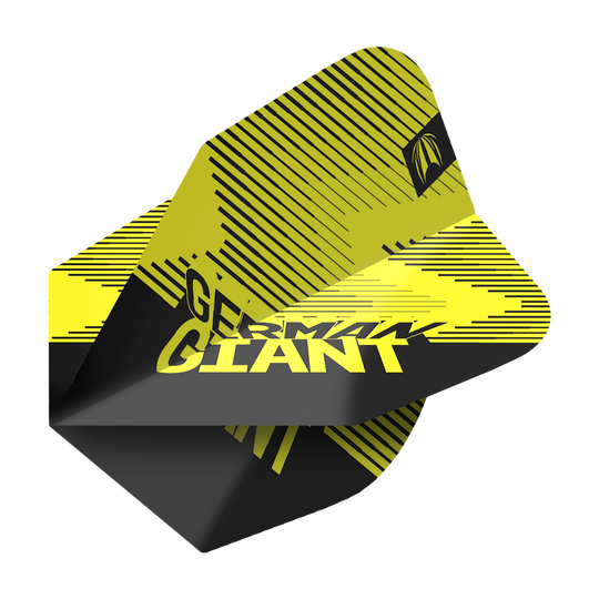 TG35_336200_Target_ProUltra_Gabriel_Clemens_Brass_No6_Yellow_Flights_2 Das Bild zeigt eine gelbe Darts-Flight mit schwarzen Streifen und der Aufschrift „GERMAN GIANT“. Es handelt sich um das Produkt „Target ProUltra Gabriel Clemens Brass No6 Yellow Flights“.