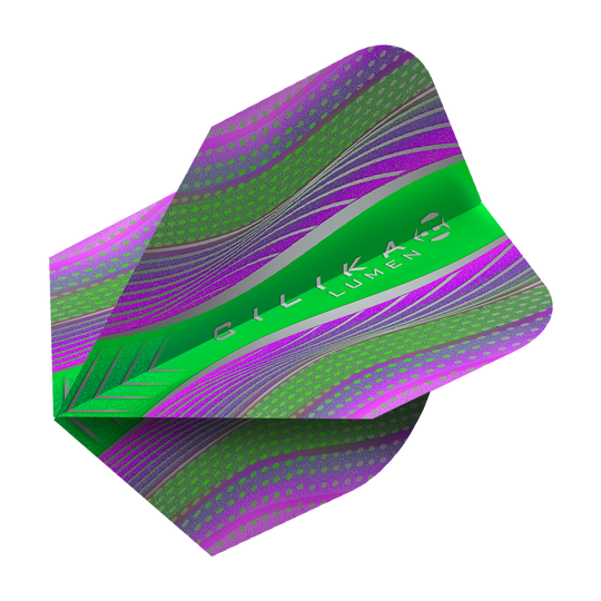 HF5125_Harrows_Silikia_Lumen_Purple_Green_No6_Flights_2 Dies ist ein Harrows Silika Lumen Purple Green No6 Flight. Das Flight ist grün und lila mit wellenförmigem, modernem Design.