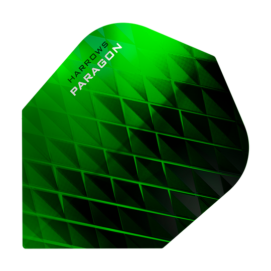 HR7600_Harrows_Paragon_Green_No2_Standard_Flights_1 Dies ist ein Harrows Paragon Green No2 Standard Flight. Er hat ein grünes, geometrisches Muster mit schwarzem Akzent.