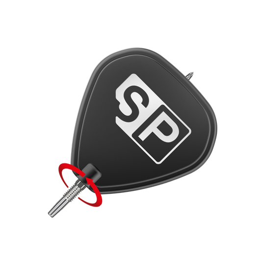 Końcówki do darta Target Swiss Point DX - srebrne Das Bild zeigt eine schwarze Dart-Flügel mit der weißen Aufschrift "SP". Am unteren Ende ist eine silberne Dartspitze angebracht, um die ein roter Pfeil eine Drehbewegung anzeigt.