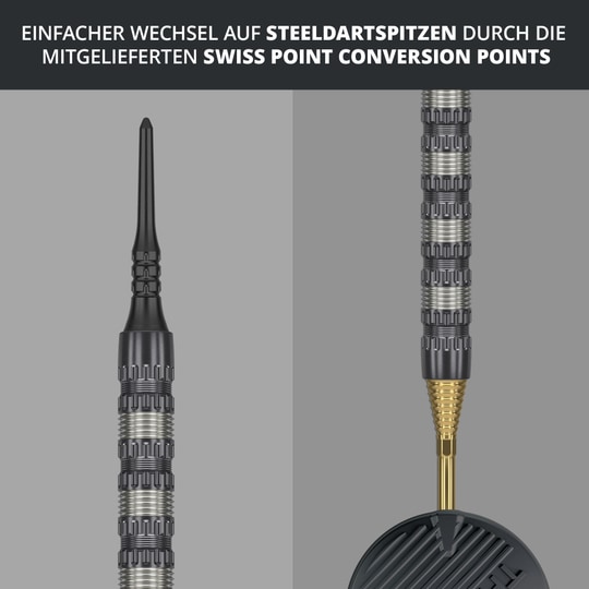 Lotki miękkie Target Rob Cross 95K Swiss Point – 18 g Das Bild zeigt den Target Rob Cross 95K Swiss Point Softdart mit 18g Gewicht. Es wird darauf hingewiesen, dass ein einfacher Wechsel auf Steeldartspitzen durch die mitgelieferten Swiss Point Conversion Points möglich ist.