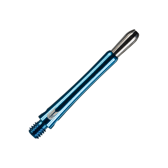 Das Bild zeigt einen Target Grip Style Aluminium Schaft in Blau. Der Schaft hat ein glänzendes, metallisches Design und ist für Dartpfeile geeignet.